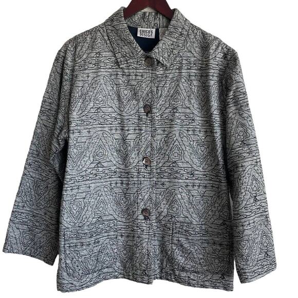 Chicos Women Silk Top L Black Embroidered Design Button Up Shacket  Artsy Dressy - Picture 1 of 12